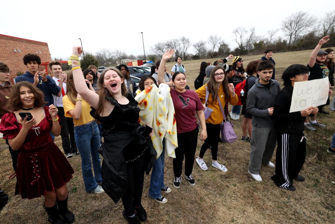 Timber Creek High students gather with other Keller ISD students after walking out of school on Friday, Feb. 7, to protest the proposed split of the school district.