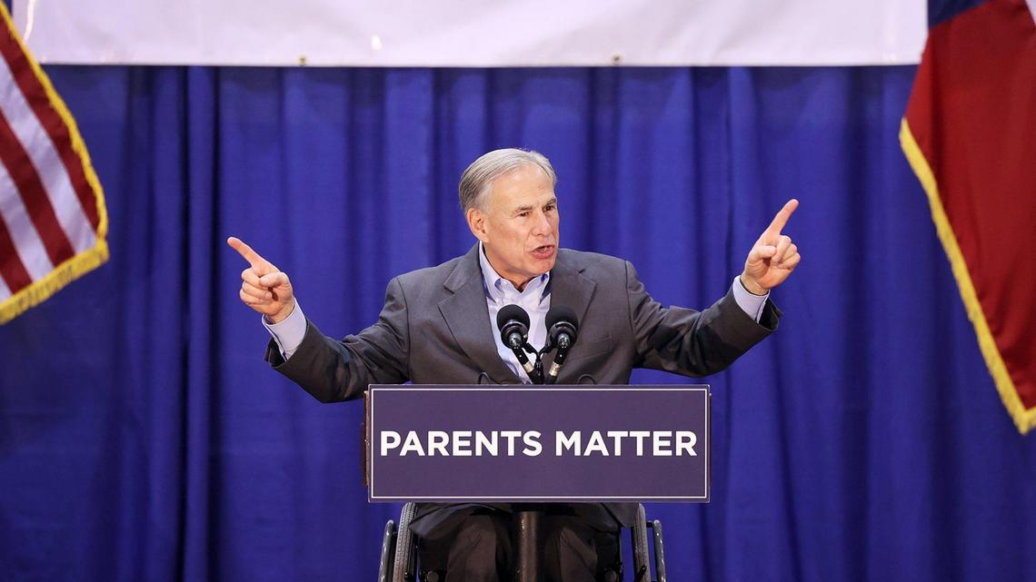 Gov. Greg Abbott speaks to students, parents and staff at Nolan Catholic High School while trying to build support for his school choice plan on Wednesday, April 19, 2023. Senate Bill 8 would give families taxpayer money to pay for private schooling through an educational savings account