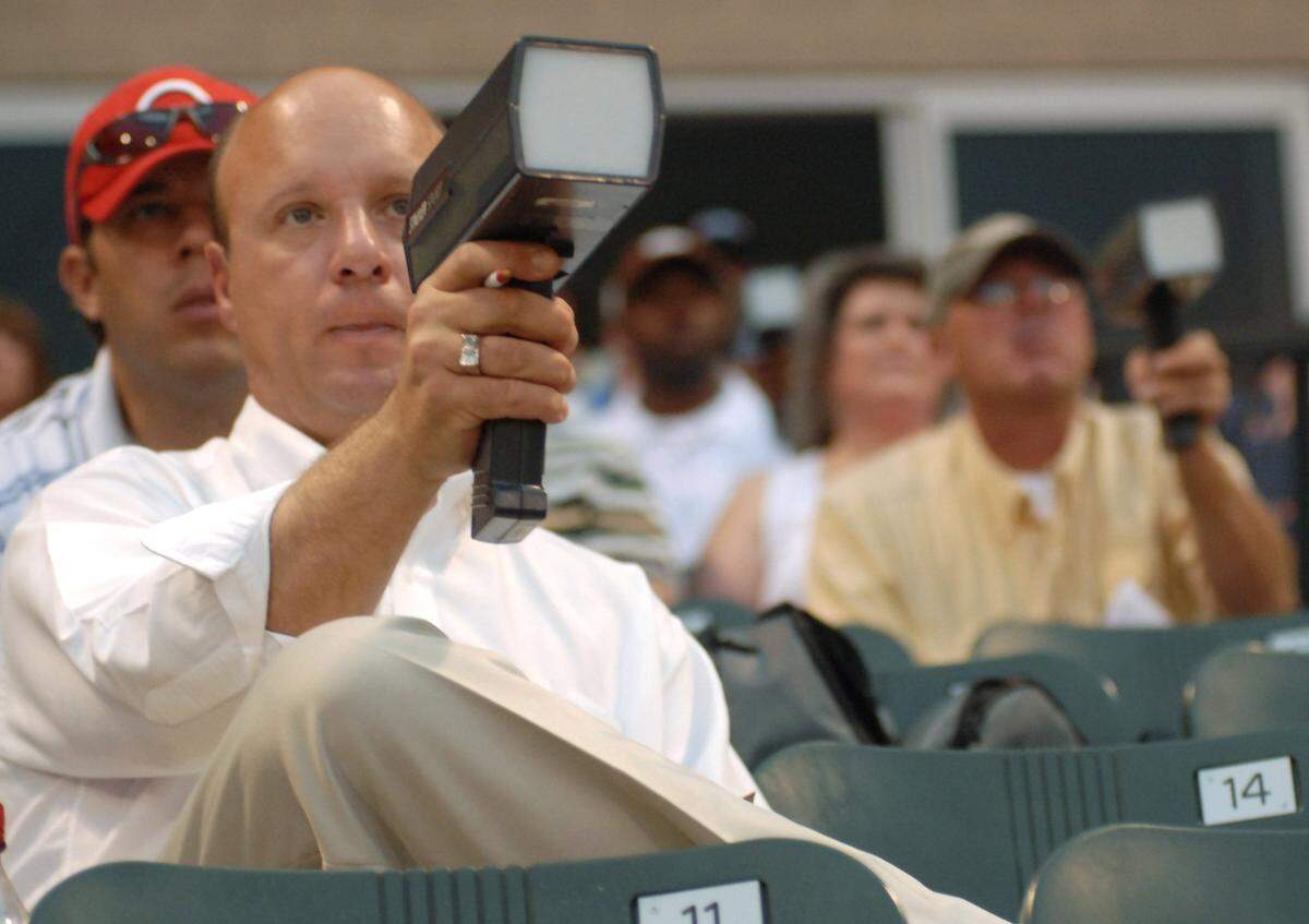 Major league scouts use radar guns to clock the pitches of Fort Worth Cats’ Max Scherzer during third inning of Saturday’s, May 12, 2007, second game of a double header against Shreveport. Scherzer may be the first pick in the draft in June. Special to the Star-Telegram Bob Haynes NOTE Scouts refused to give their names.