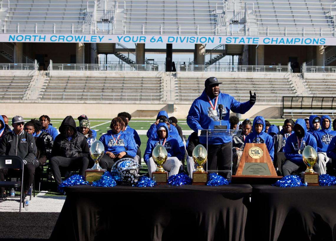 North Crowley head coach Ray Gates talks about what it means for everyone to show up and opportunities in life during the UIL 6A D1 Championship Parade at Crowley ISD Multi-purpose Stadium in North Crowley, Texas, Saturday, Jan. 18, 2025.