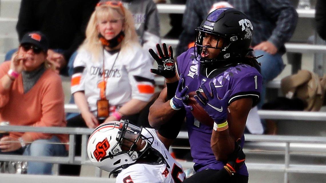 TCU wide receiver Quentin Johnston (1) had a 100-yard receiving game against Oklahoma State last week.