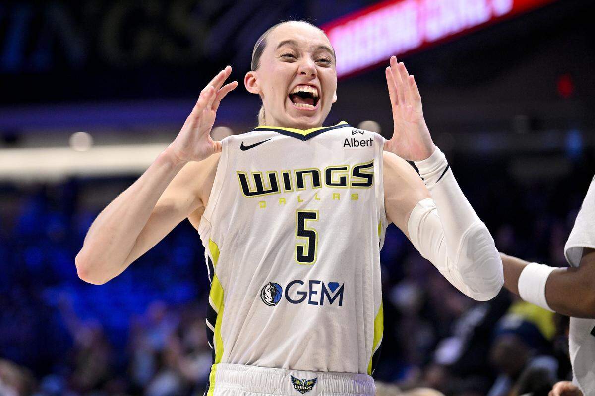 Dallas Wings guard Paige Bueckers (5) celebrates after the game Thursday. She is the overwhelming favorite to be named Rookie of the Year.