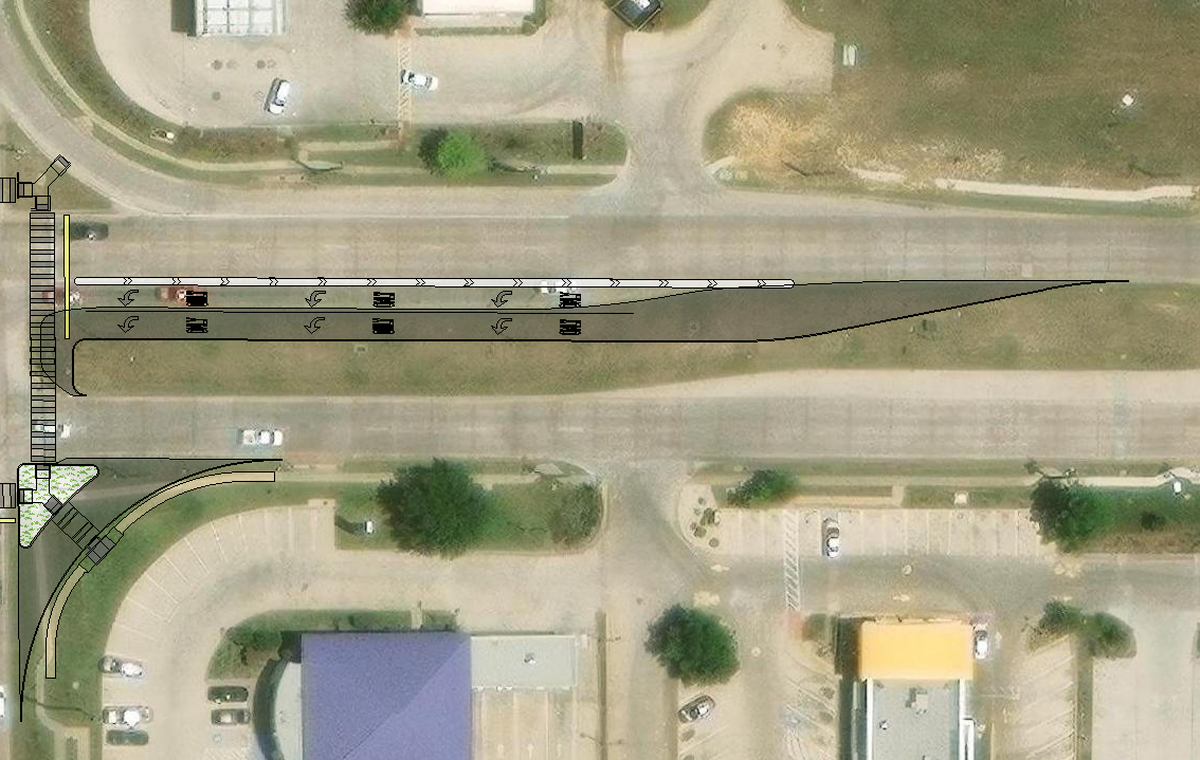 An example of a planned “positive offset” along West Risinger Road from an Aug. 2023 presentation. City traffic engineers say the separation will improve vehicle visibility and reduce crashes at the road’s intersection with South Hulen Street.