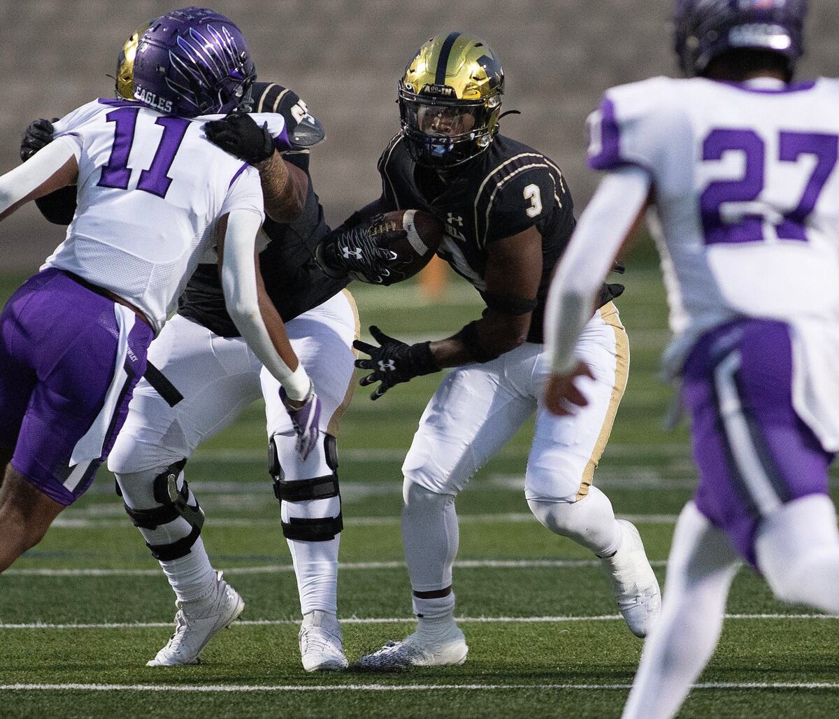 Mansfield’s Teddy Clark looks for hole in the Crowley line during a UIL football game at Newsome Stadium on Saturday , October 10, 2024.