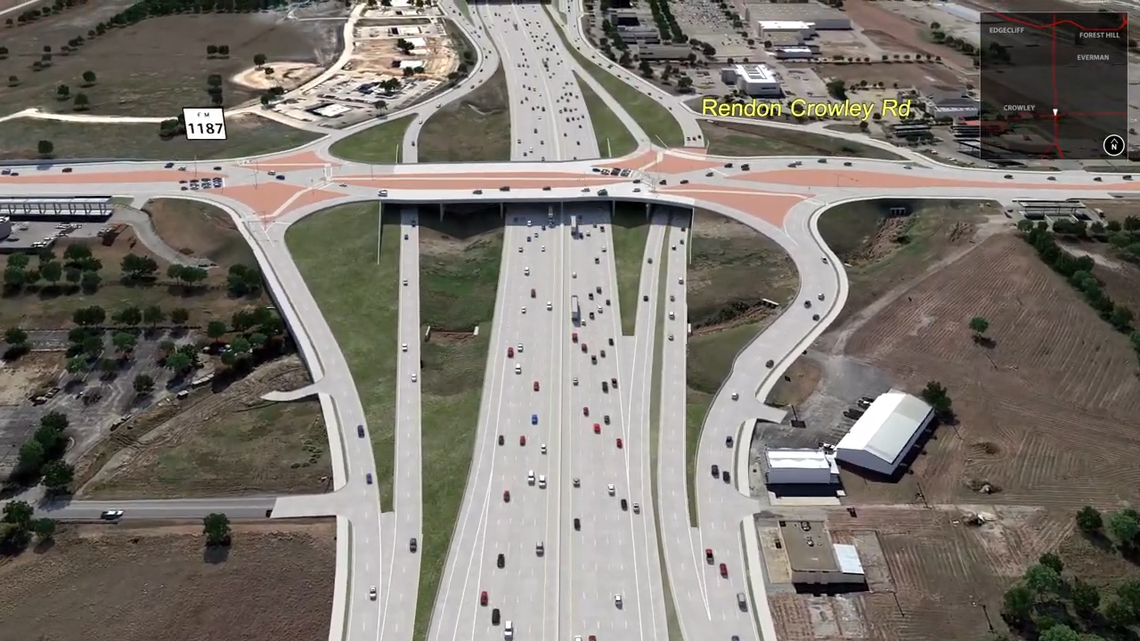 An improved interchange at I-35 and F.M. 1187 (Rendon Crowley Rd.) south of Ft. Worth. This is one of several recommended improvements to the freeway and frontage roads to ease congestion.