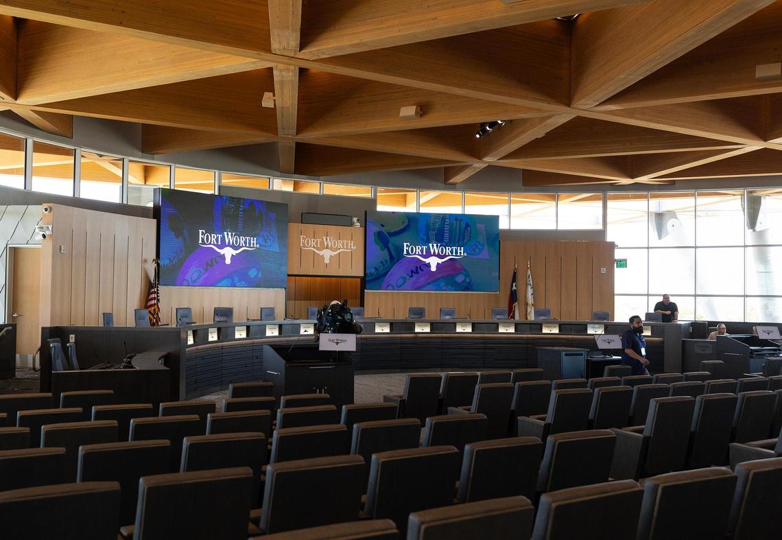 Inside the new Fort Worth City Council chambers on Monday, March 24, 2025. The city will welcome the public into the chambers for the first time on Tuesday.