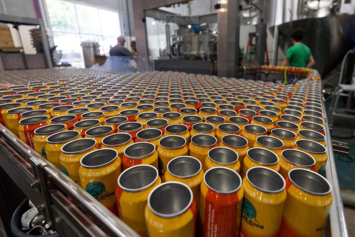 Cans in route through the canning machine at Hop & Sting Brewing Co. on Thursday, May 26, 2022, in Grapevine.