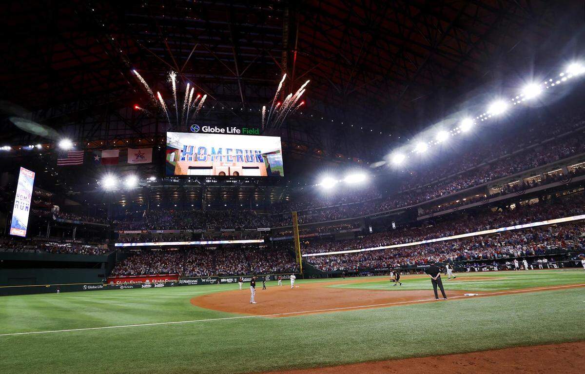 Texas Rangers shortstop Corey Seager rounds the bases after hitting a home run in the first inning against the Baltimore Orioles in Game 3 of the ALDS on Tuesday, October 10, 2023, at Globe Life Field in Arlington.