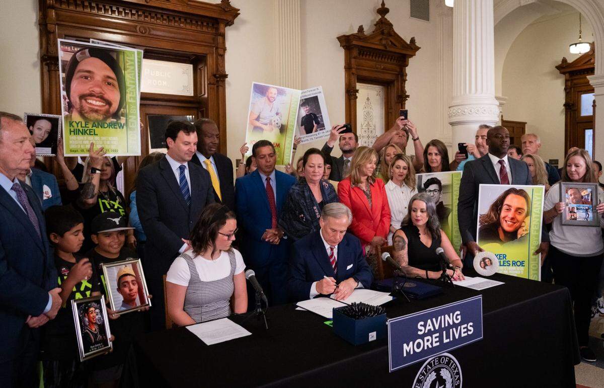 Governor Abbott signs one of four bills aimed at curbing the growing fentanyl crisis during the Fighting the Fentanyl Crisis Bill Signing at the Texas Capitol, June 14, 2023. The laws designate October as Fentanyl Poisoning Awareness Month, require schools to provide education on fentanyl abuse prevention, allow HHSC to partner with Texas college campuses to distribute Narcan and make it clear that people who cause death by distributing fentanyl can be prosecuted for murder.