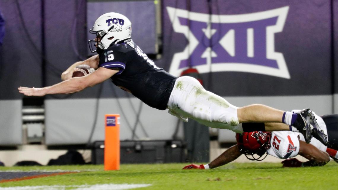 TCU quarterback Max Duggan (15) dives over the goal line after scampering 89 yards for the touchdown late in the fourth quarter against Texas Tech on Nov. 7. The Horned Frogs are heading to the Texas Bowl on Dec. 31 to face an opponent to be determined.
