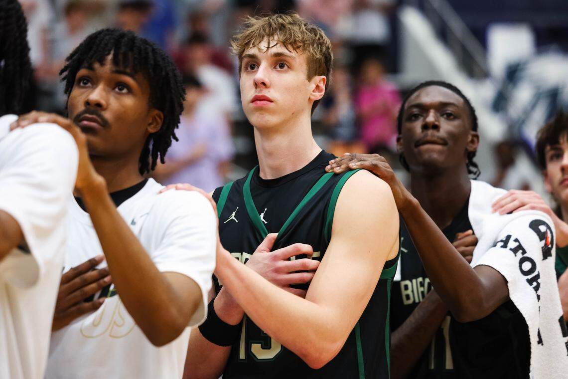 Birdville forward Avery Webb (13) stands in line with his teammates during the national anthem before a UIL Class 5A Division I regional final against Denton at Flower Mound High School in Flower Mound, Texas, Friday, March 6, 2026.