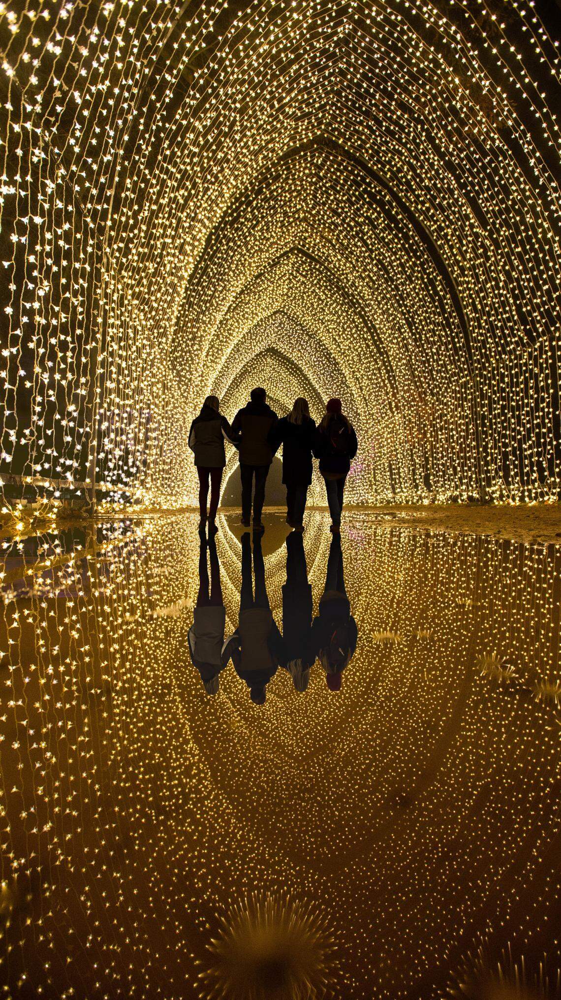 The black silhouettes of a group of four people contrast a golden arch illuminated with thousands of lights.