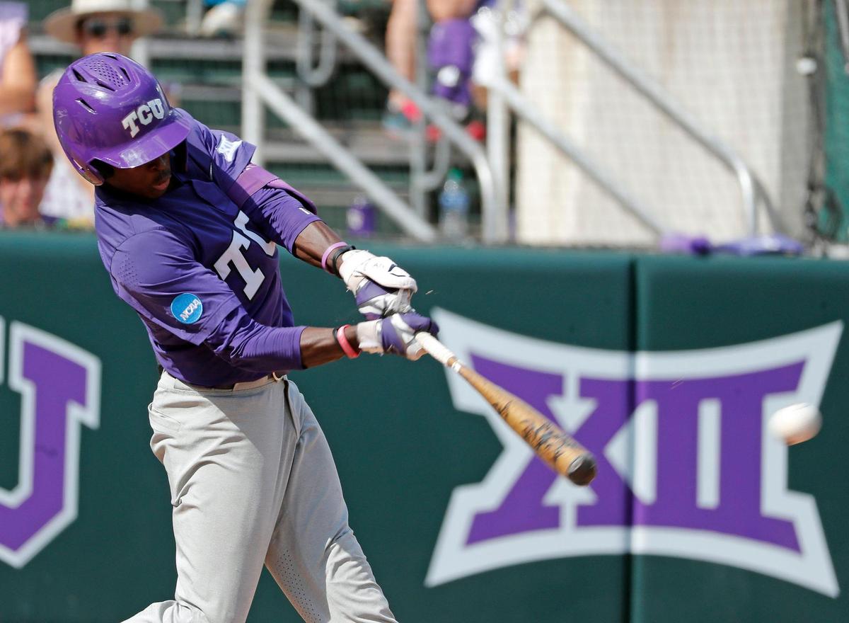 TCU right fielder Austin Davis (11) connects in game one of the NCAA Super Regional between TCU and Indiana State at Lupton Stadium in Fort Worth, Texas, Friday June 09, 2023. TCU defeated Indiana State 4-1. (Special to the Star-Telegram Bob Booth)