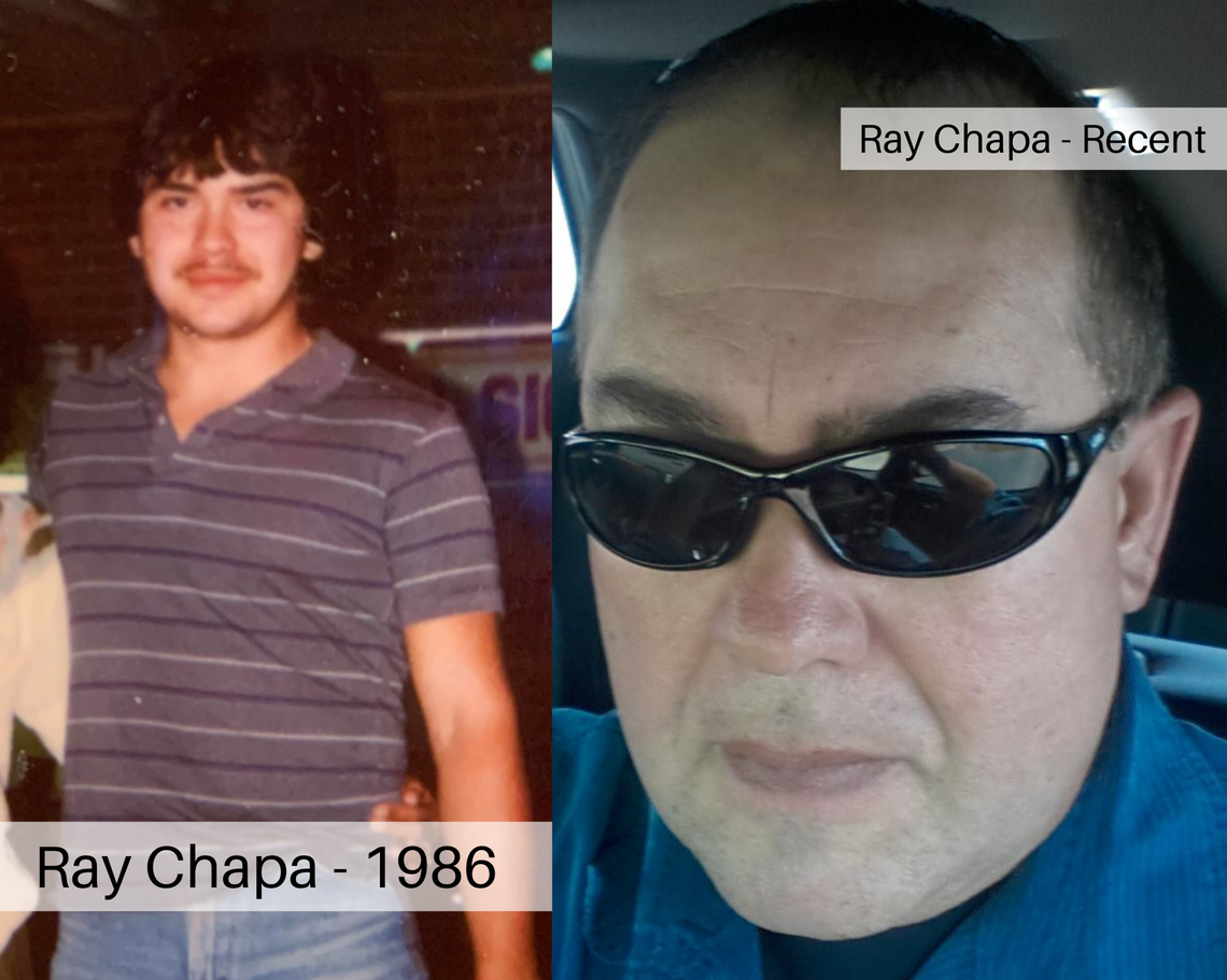Photos released by Bedford, Texas police show Ray Chapa in 1986 and a recent photo before he died in January 2021. Chapa, who was a teenager at the time, is believed to have killed Janet Love in Bedford in 1986, according to DNA evidence.
