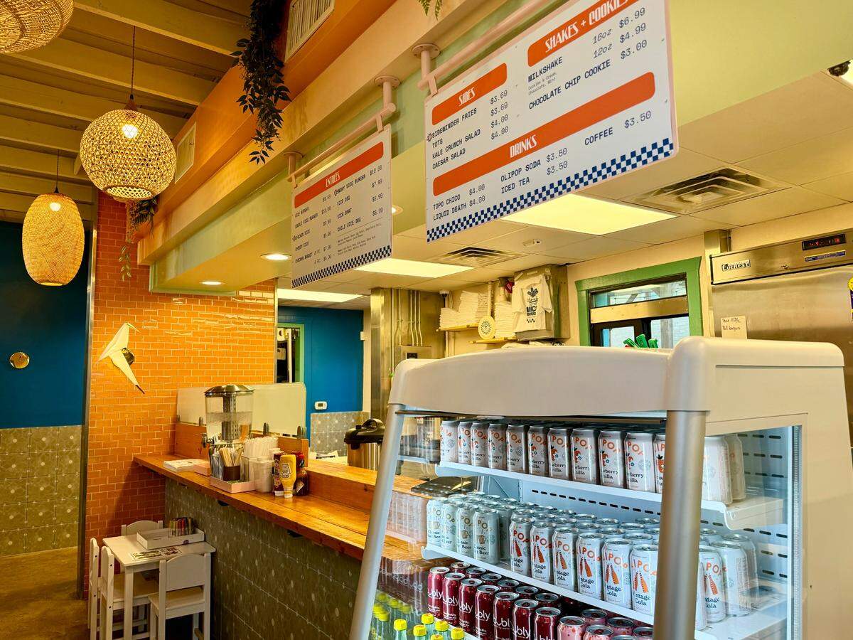A rack of sodas is up front at the stylistic Vice Burger diner in Fort Worth.
