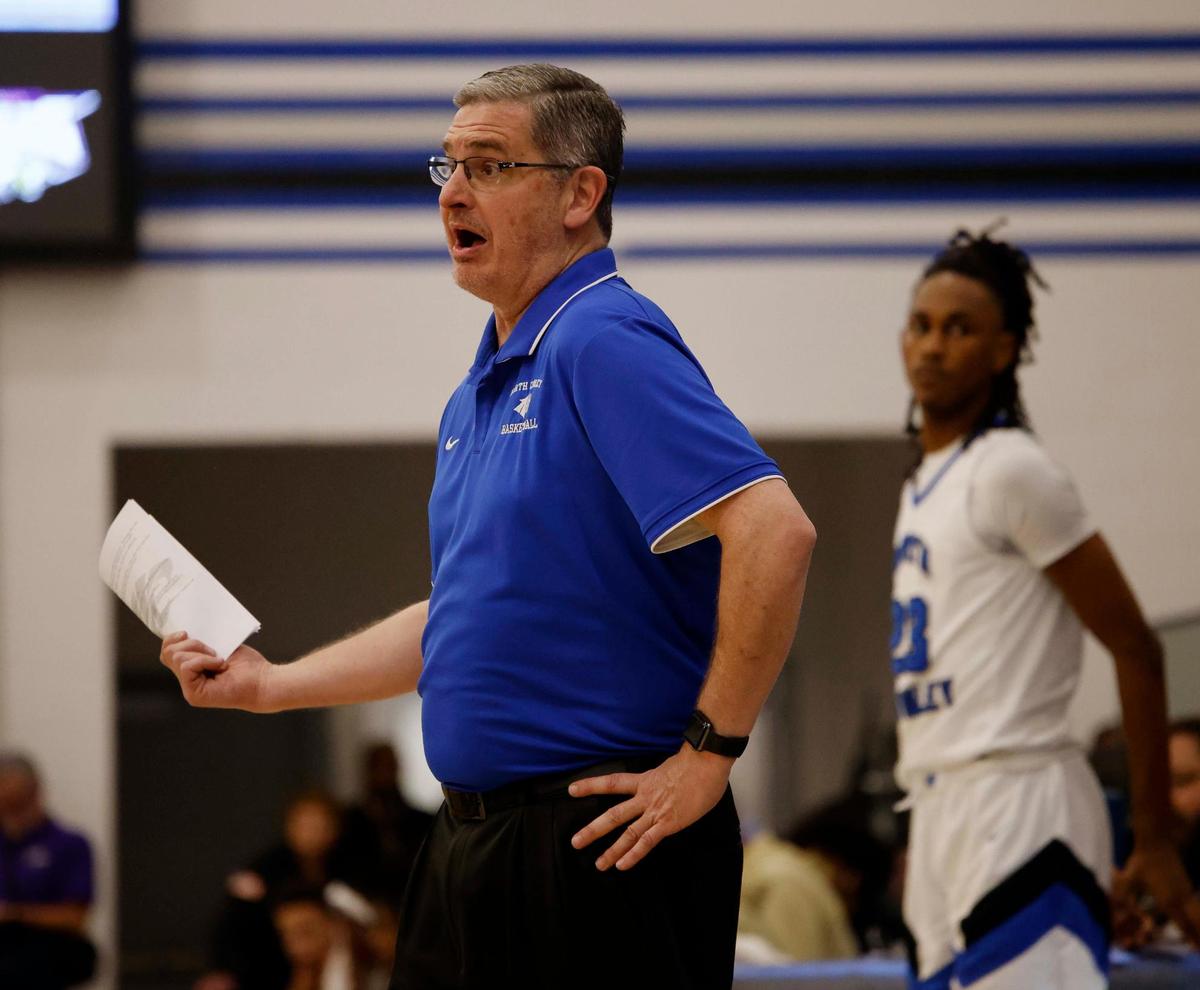 North Crowley head coach Tommy Brakel reacts to play during the third period of a UIL basketball game at North Crowley High School in Fort Worth, Texas, Tuesday, Feb. 13, 2024.