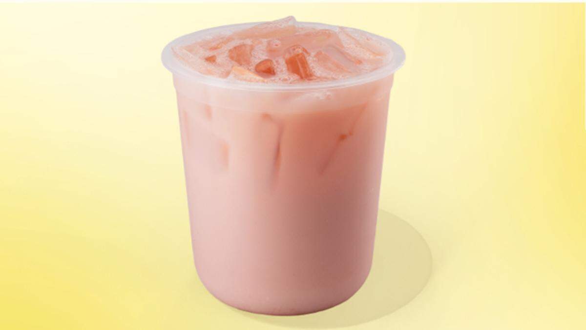 The strawberry milk on the Mickey & Friends kid’s menu at La La Land Cafe.
