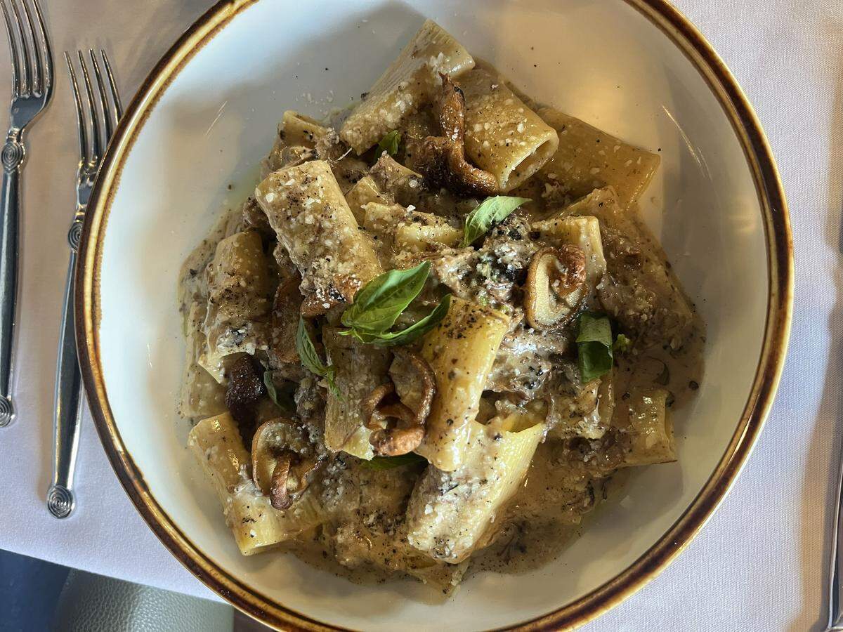 Short rib stroganoff is made with hand cut pasta at Theodore’s Steak and Seafood.