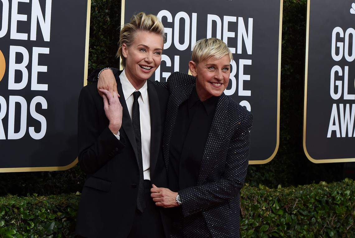 Portia de Rossi, left, and Ellen DeGeneres arrive at the 77th annual Golden Globe Awards at the Beverly Hilton Hotel on Sunday, Jan. 5, 2020, in Beverly Hills, Calif. (Photo by Jordan Strauss/Invision/AP)