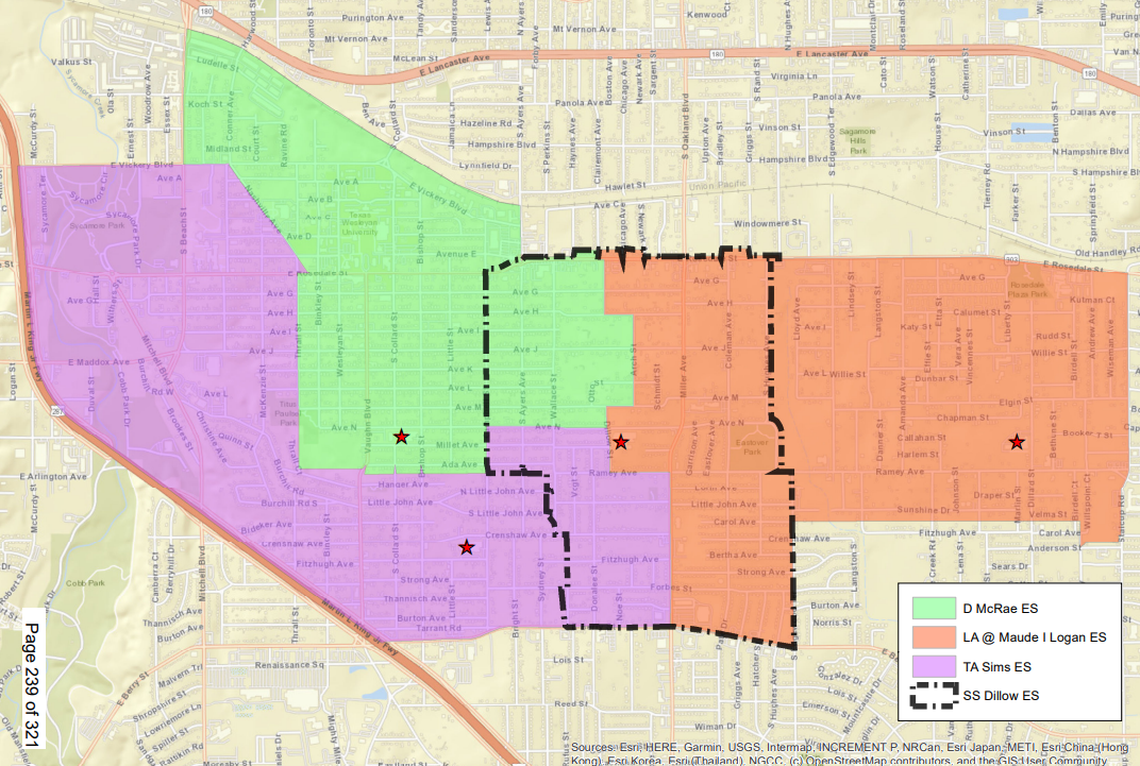 A zoning map shows where S.S. Dillow Elementary students will be transferred to in the 2025-26 school year after Fort Worth ISD officials close the campus due to structural issues. They will be dispersed among D. McRae Elementary, T.A. Sims Elementary and the Leadership Academy at Maude Logan Elementary.