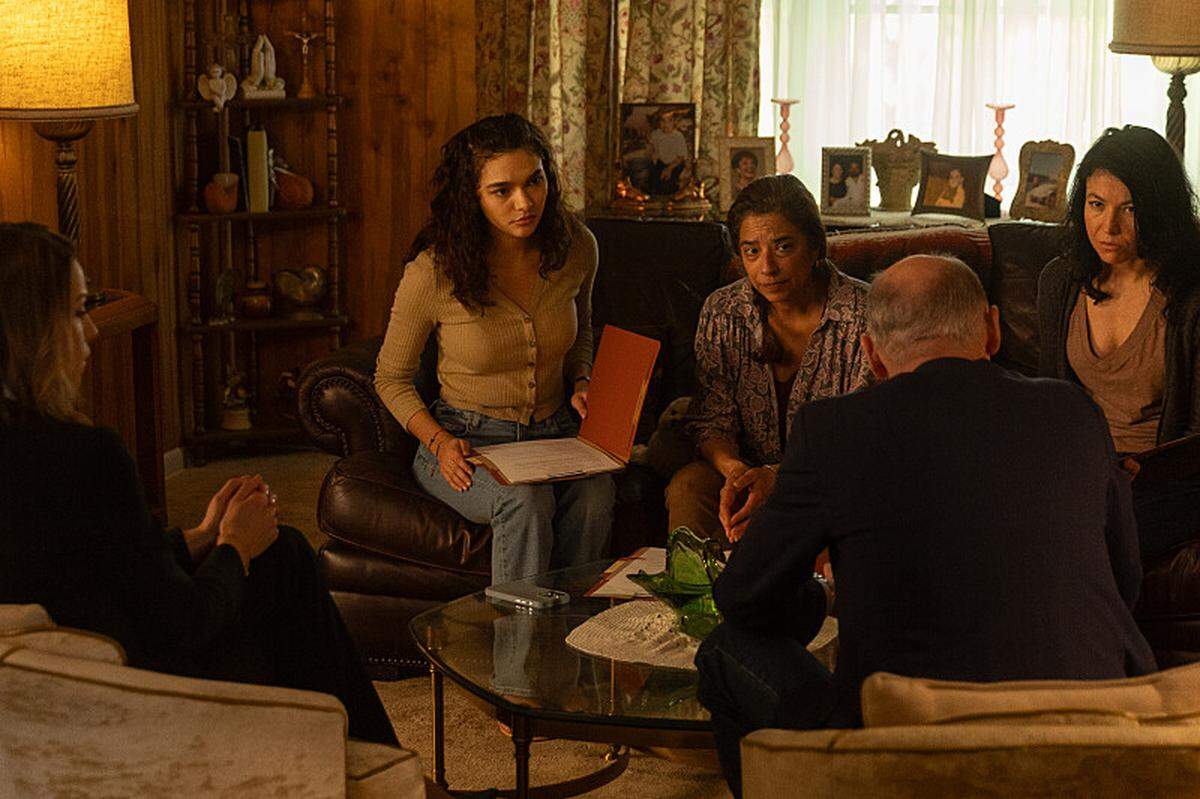 (L-R): Kayla Wallace as Rebecca Falcone, Paulina Chávez as Ariana, and Colm Feore as Nathan in season 1, episode 6 of “Landman” streaming on Paramount+.