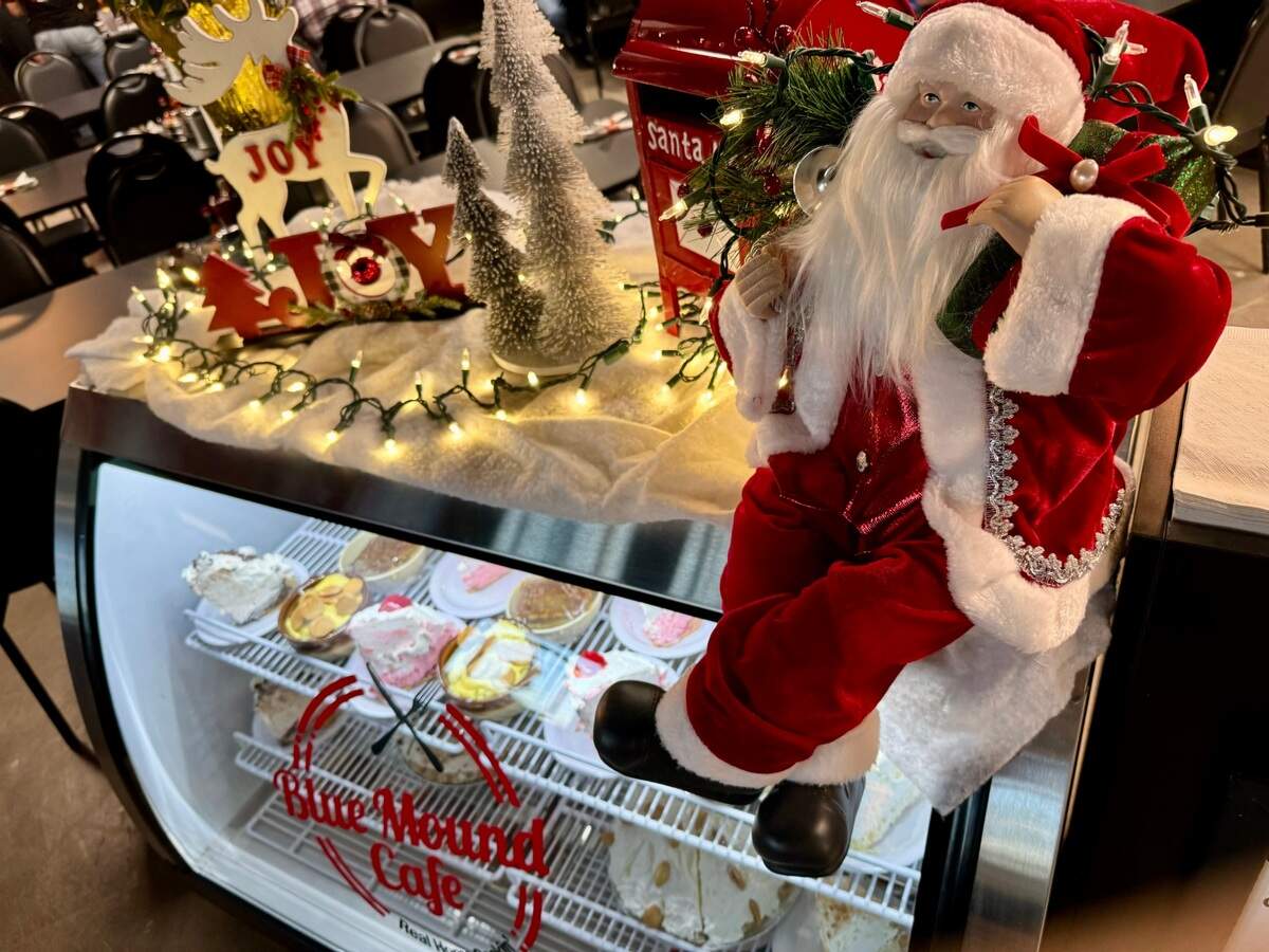 Christmas decorations atop the full pie case at Blue Mound Cafe in North Richland Hills.
