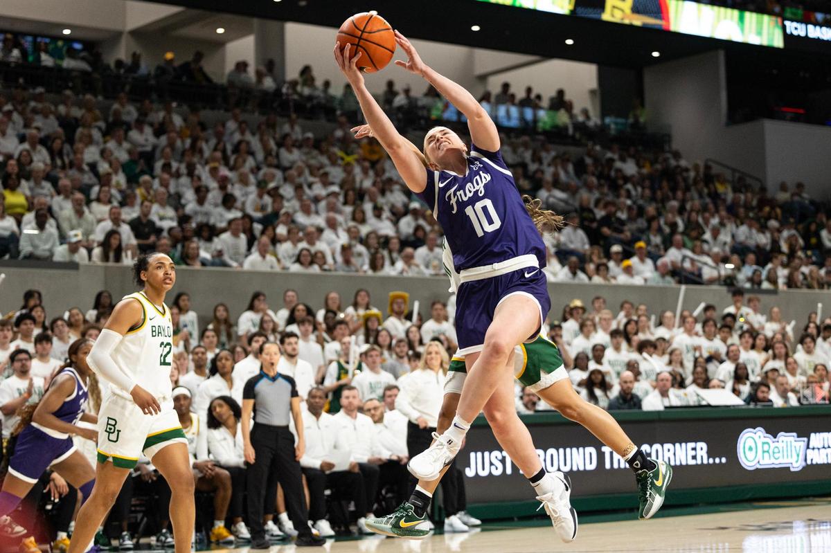 TCU guard Hailey Van Lith (10) goes up for a layup in the first half of an NCAA game between TCU and Baylor at Foster Pavilion in Waco on Sunday, March 2, 2025.