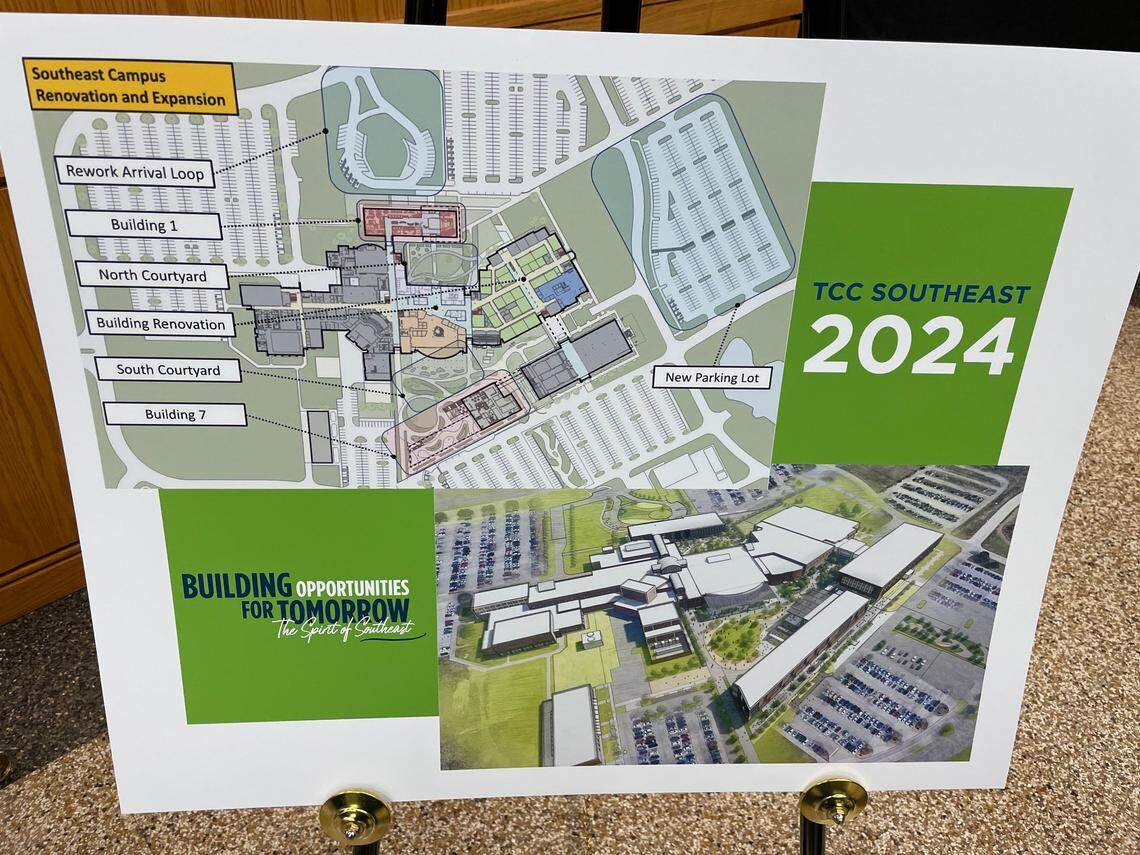 A map of the planned expansion at Tarrant County College’s southeast campus is shown at a ground breaking ceremony.