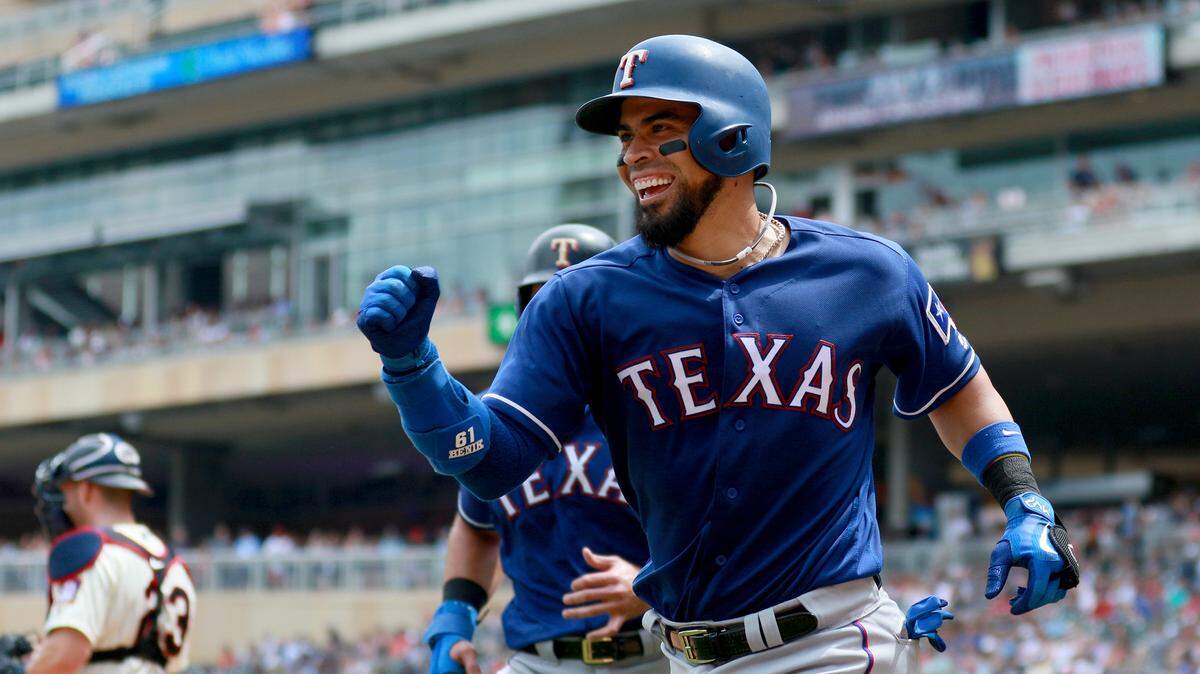 The Texas Rangers’ Robinson Chirinos celebrates his two-run third inning home run against the Minnesota Twins on Saturday, June 23, 2018, at Target Field in Minneapolis. The Rangers won, 9-6. (David Joles/Minneapolis Star Tribune/TNS)