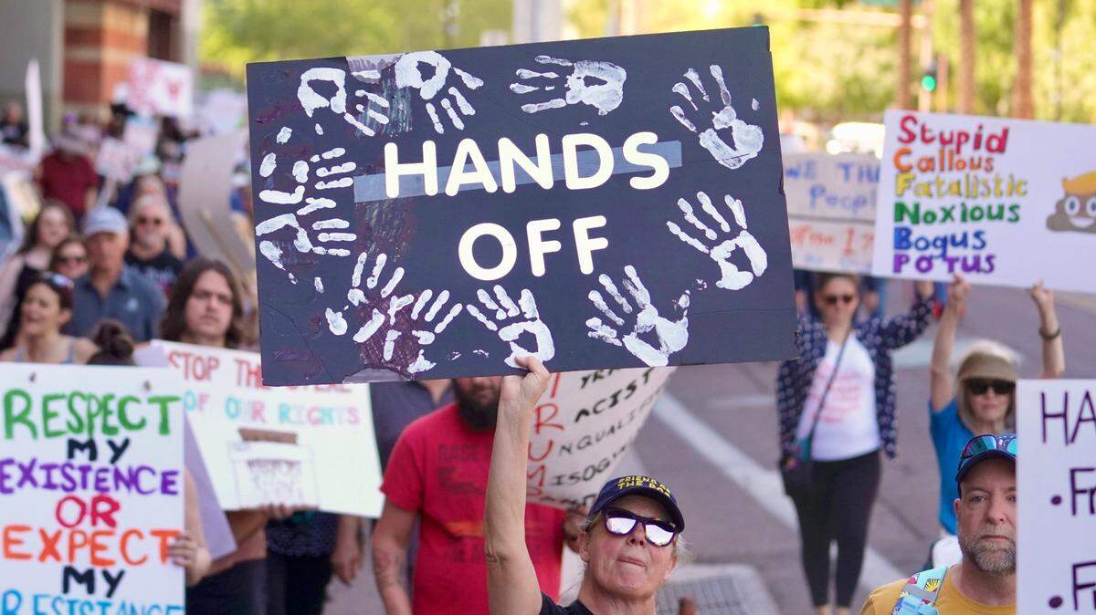 Thousands of people march through downtown Phoenix, Arizona, part of the “Hands Off!” anti-Trump protests taking place around the country April 5, 2025.