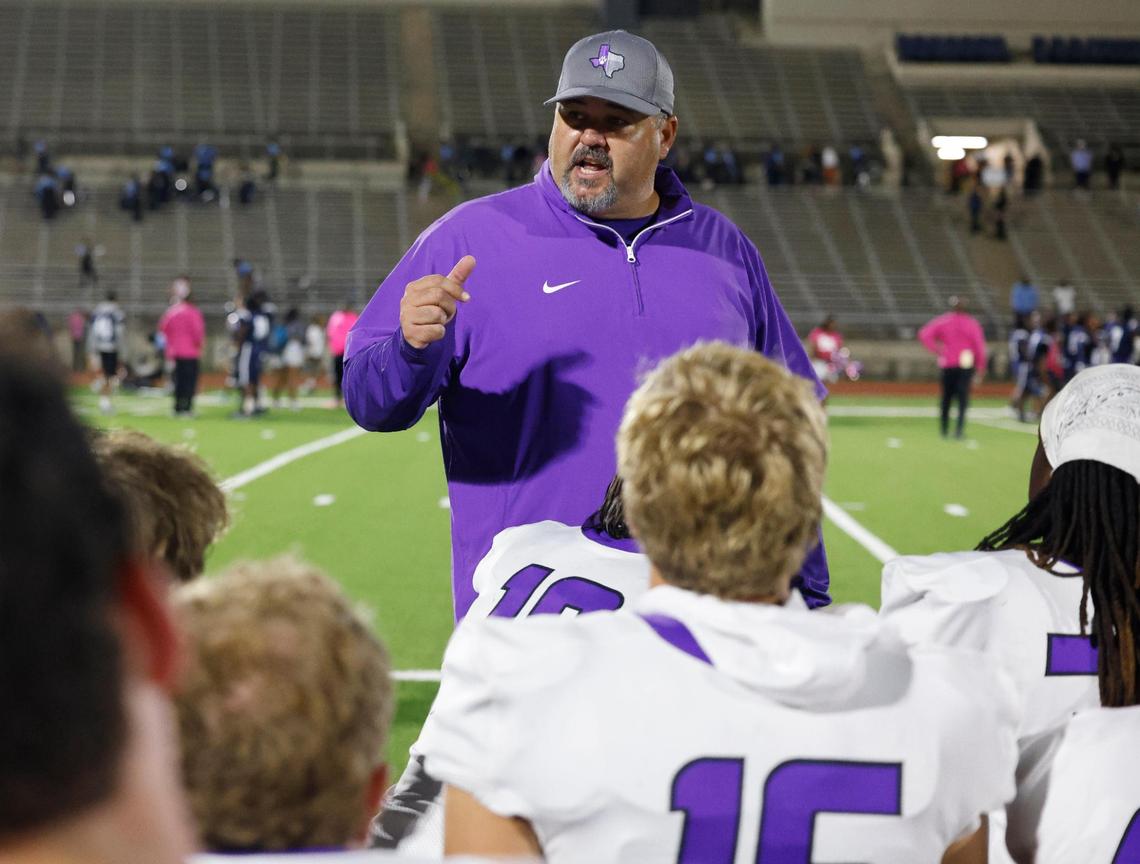 Paschal head coach John Killough talks to the team after a District 4-5A Division 1 football game at Herman Clark Stadium in Fort Worth, Texas, Thursday, Oct. 24, 2024.