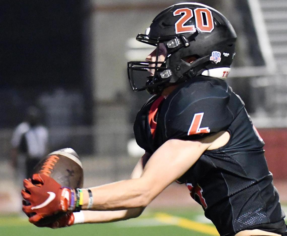 Burleson’s Luke Peterson brings down a catch for a touchdown to take a 28-11 lead in the third quarter of their Division 2 District 5-5A football game Thursday, November12, 2020 at Burleson ISD Stadium in Burleson, Texas. Burleson won 35-32. Special/Bob Haynes