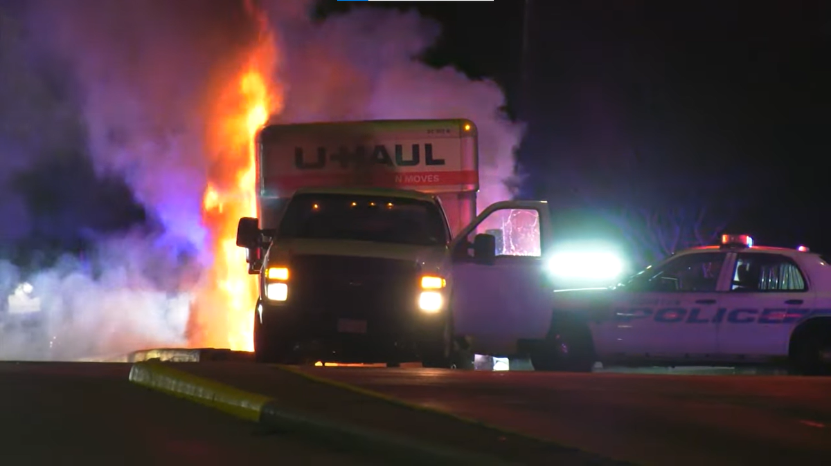 The driver of a stolen U-Haul truck crashed into a car, shot at the person inside, then led Houston police on a chase before catching fire.