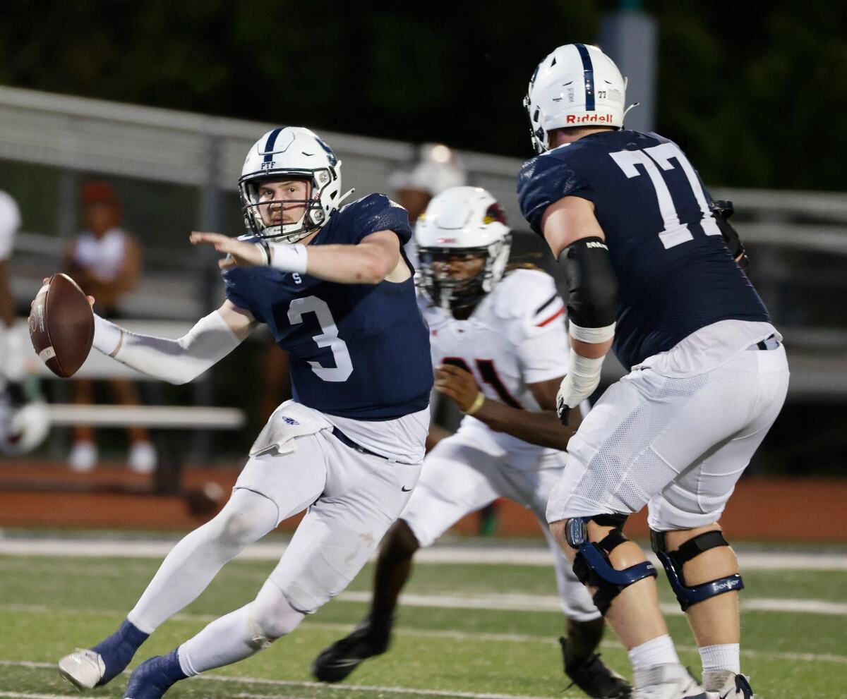 All Saints quarterback Gavin Parkhurst (3) looks down field for a receiver during a TAPPS football game at All Saints High School’s McNair Stadium in Fort Worth Thursday, Sept. 12, 2024.