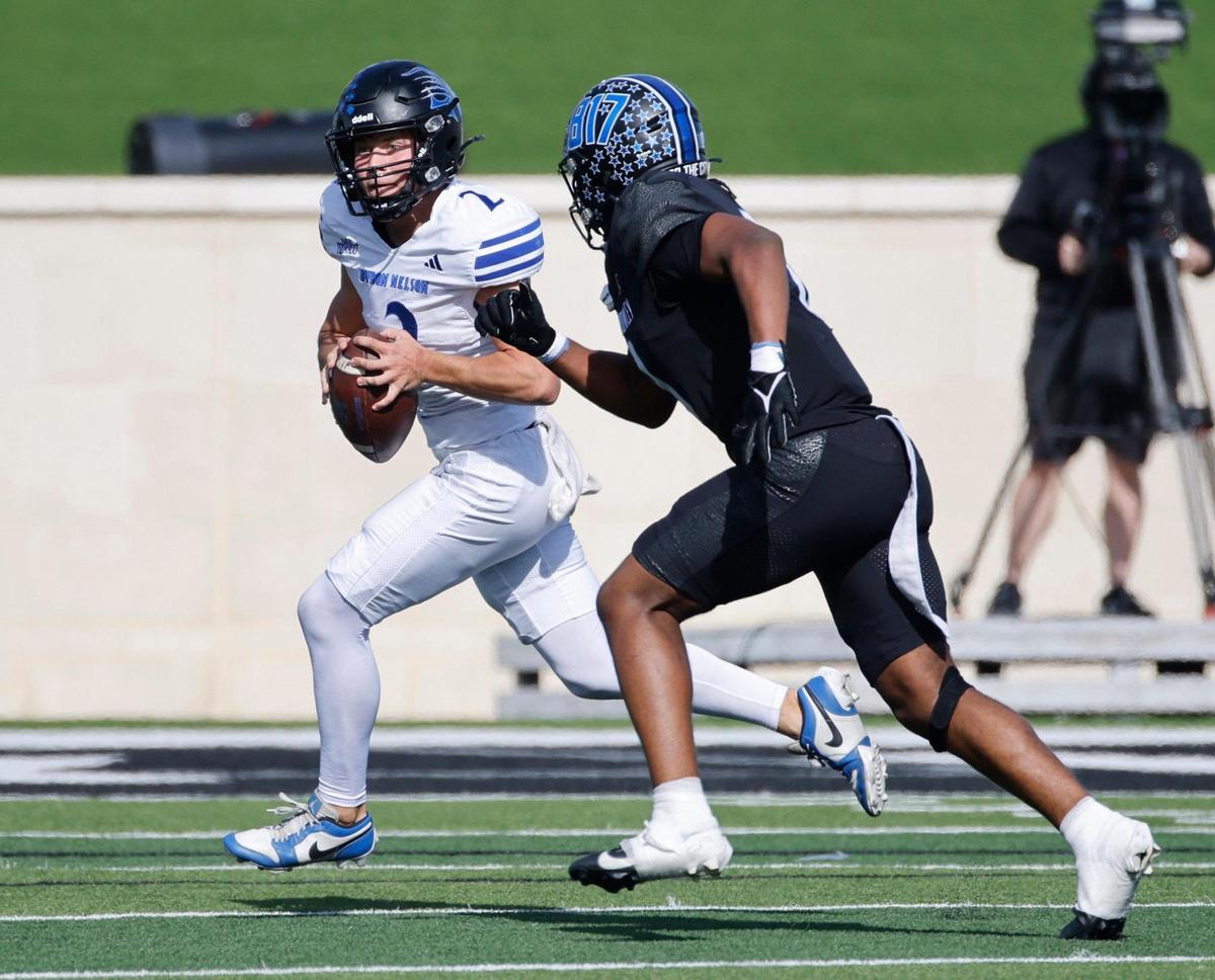 North Crowley linebacker Ja’Brelle Asberry (0) pursues Byron Nelson quarterback Grant Bizjack (2) during a UIL Class 6A D1 Bi-district playoff football game at Crowley ISD Multi-Purpose Stadium in Fort Worth, Texas, Saturday, Nov. 16, 2024.