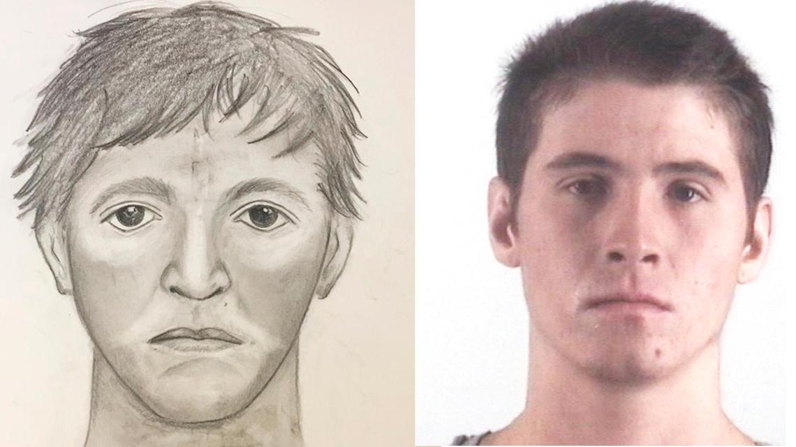 Composite drawing of naked man from Sept. 16, 2017 (left), and mugshot of Justin Lacey Ray (right)
