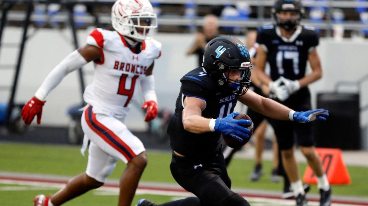 Byron Nelson’s Draden Gorman (4) steps across the goal line for the Bobcats third touchdown of the first half of a high school football game at Northwest ISD Stadium in Justin, Texas, Thursday, Sept. 01, 2022. Byron Nelson led McKinney Boyd 28-0 at the half. (Special to the Star-Telegram Bob Booth)