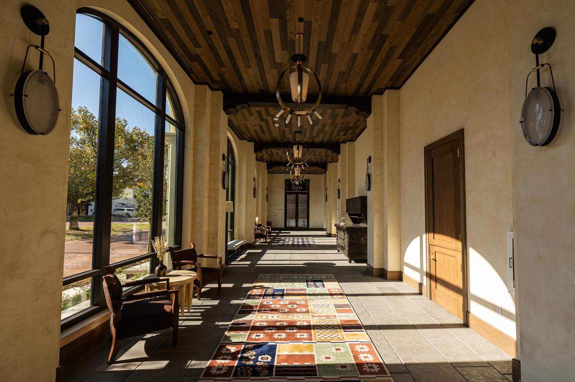 One of the hallways to the ballroom at the new Bowie House hotel in Fort Worth on Tuesday, Nov. 28, 2023.