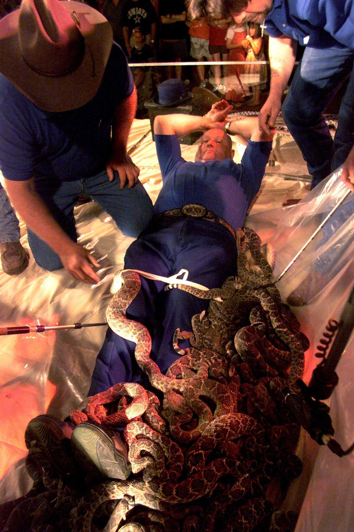 June 5, 2001: Jackie Bibby, 50, surpassed his record of 107 to 109 snakes in a sleeping bag at Billy Bob’s Texas in Fort Worth.