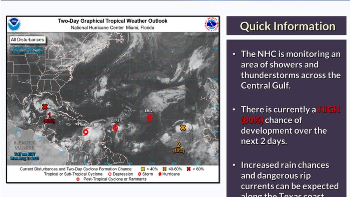 A map showing tropical storm activity in the Gulf of Mexico.