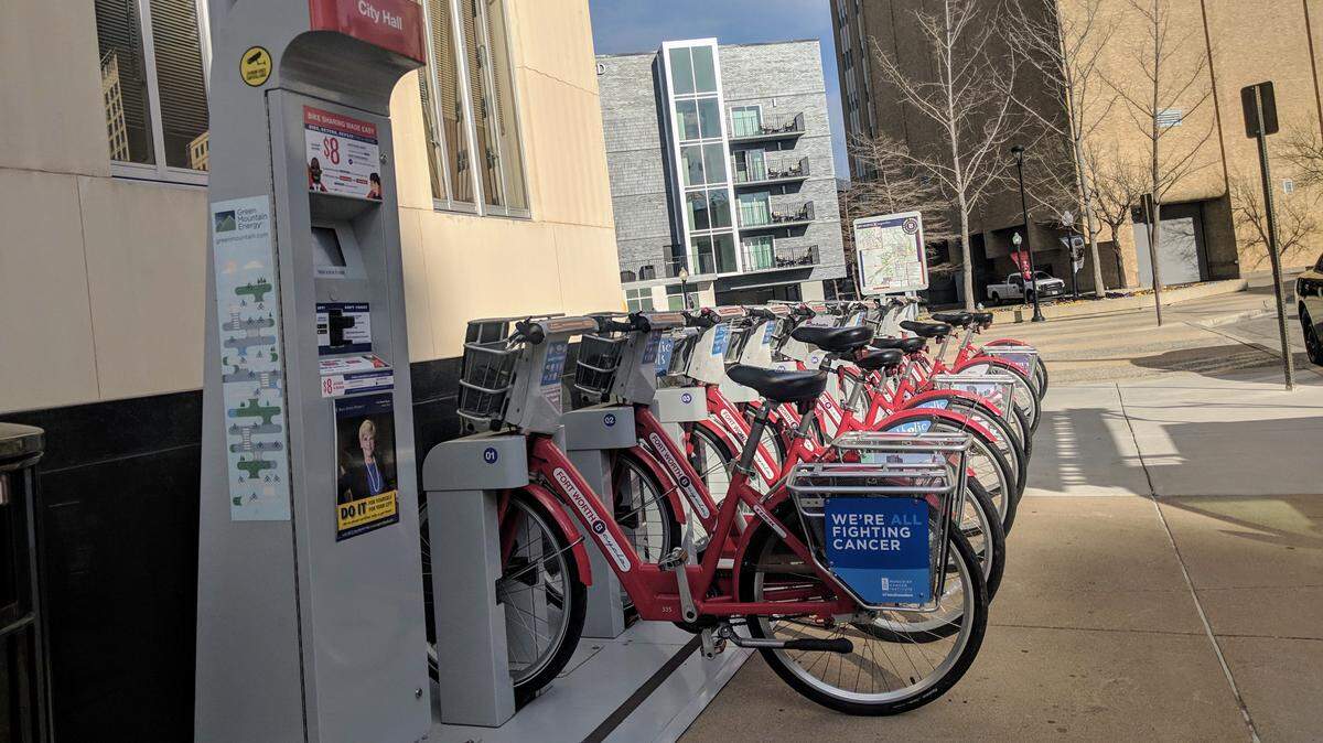 Fort Worth Bike Sharing offers many stations across the city, including this docking station in front of City Hall.