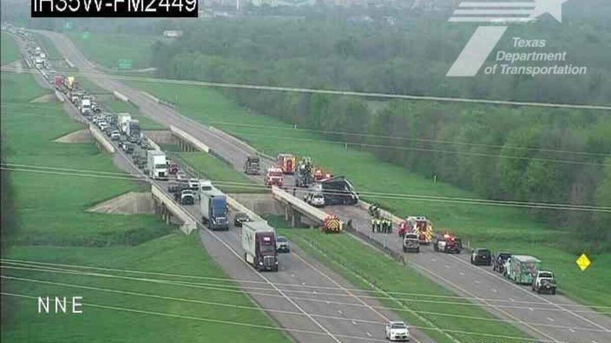 Traffic cameras show the scene of a fatal accident on Interstate 35W near FM 2449 on Tuesday, April 1, 2025.