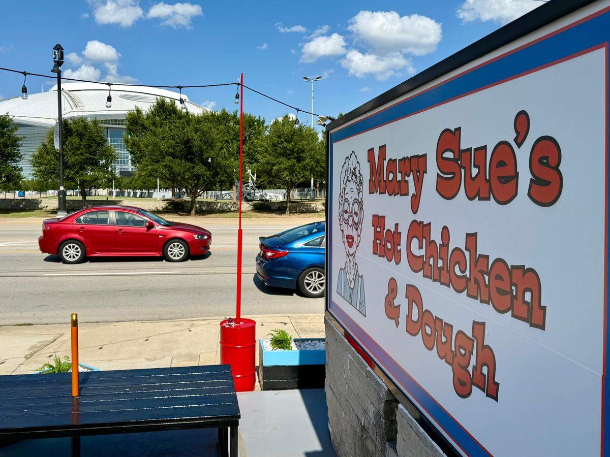 Mary Sue’s Hot Chicken & Dough near AT&T Stadium in Arlington, Texas, serves spicy chicken “tender bites” and housemade yeast rolls and cinnamon rolls.