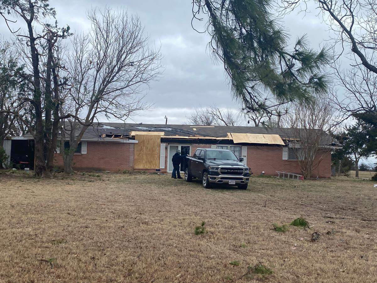 Monday’s storm tore up the roof of Albert McClanahan’s house near Bowie, and a back barn was totaled as well, with parts of what’s left of the barn now in his neighbors’ yard.