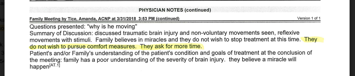 On March 31, 2018, Berman de Paz-Martinez’s parents met with a nurse practitioner and translator at JPS to talk about the 21-year-old’s treatment. According to JPS records, the nurse practitioner noted at the meeting that the family “believes in miracles” and did not want to stop treatment.