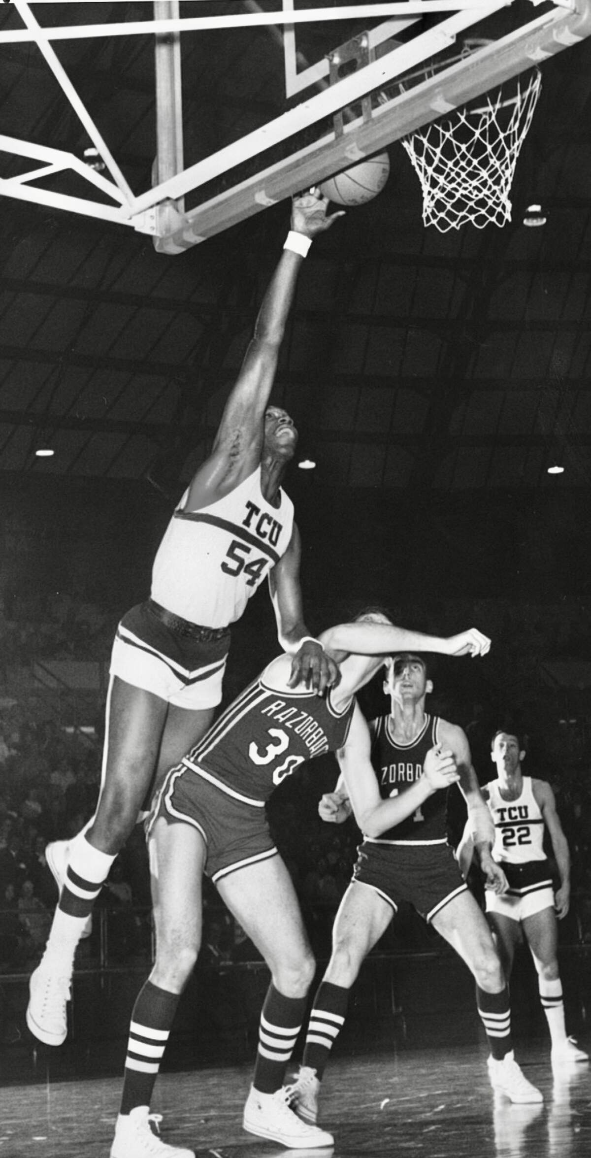 James Cash of TCU scores in a 77-75 victory over Arkansas in Daniel-Meyer Coliseum Feb. 10,. 1968.