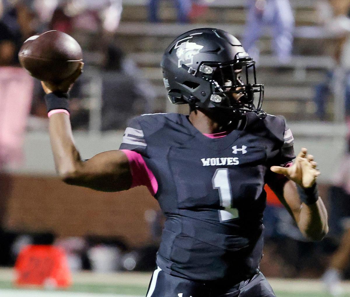 Timberview quarterback Zuric Humes (1) tosses a long completion in the first half of a UIL football game at Vernon Newsom Stadium in Mansfield, Texas, Thursday, Oct. 19, 2023.