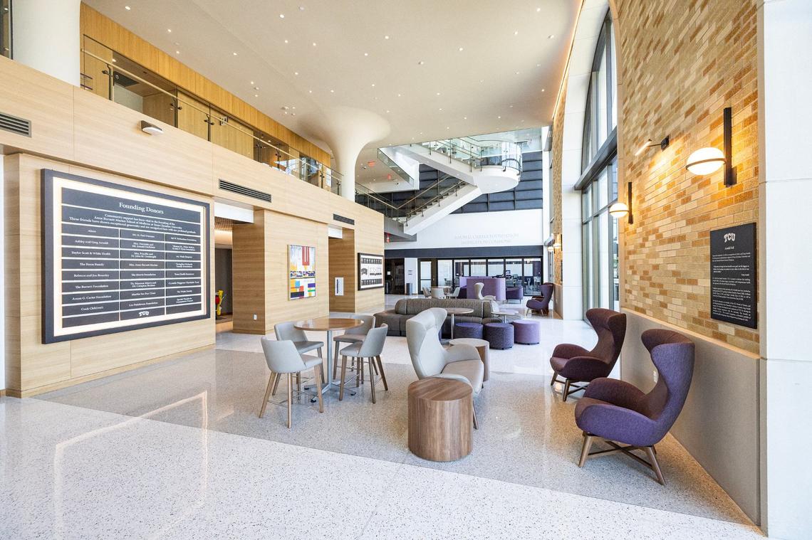 The lobby on the first floor at the TCU Burnett School of Medicine in Fort Worth on Tuesday, Sept. 17, 2024.