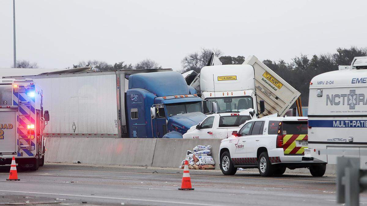 At least five people were killed and dozens were injured after a crash on I-35W northbound near downtown Fort Worth on Thursday morning, February 11, 2021. Icy roads led to a massive pile-up of vehicles, including multiple 18-wheelers as well as police and MedStar vehicles, officials said.