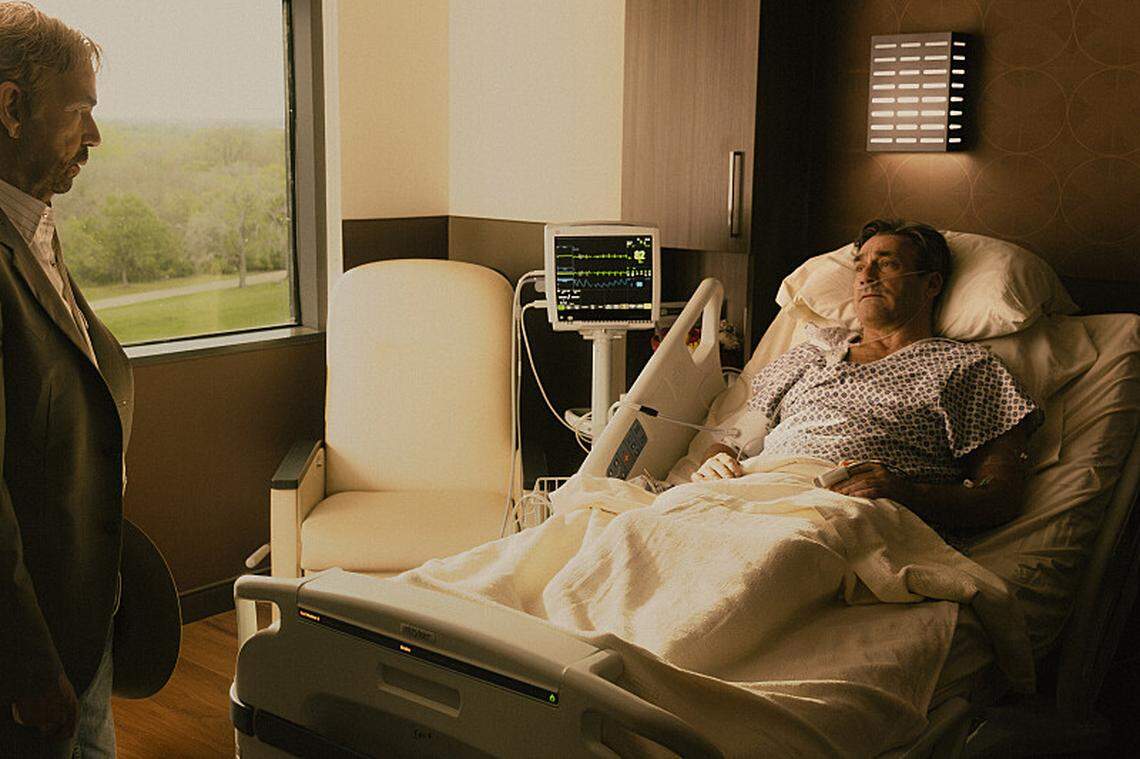 (L to R): Billy Bob Thornton as Tommy Norris and Jon Hamm as Monty Miller in season 1, episode 9 of “Landman” streaming on Paramount+.